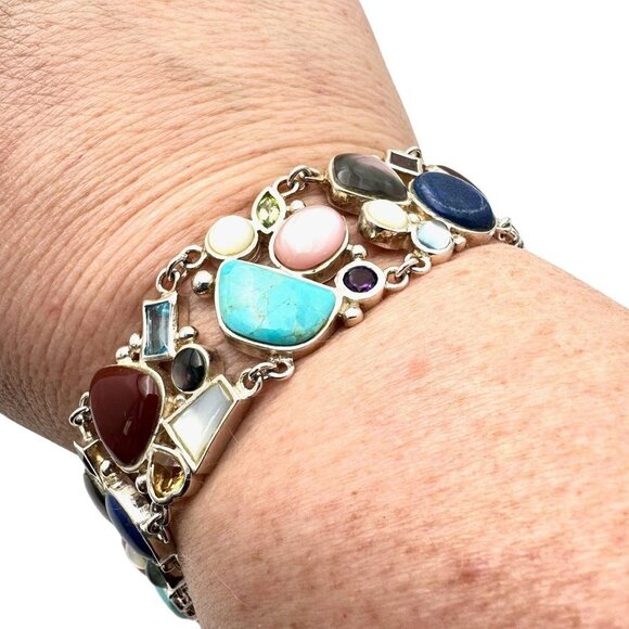HSN Designer Womens Wide Bracelet Sterling Silver Turquoise Multi Gemstone - Picture 1 of 6